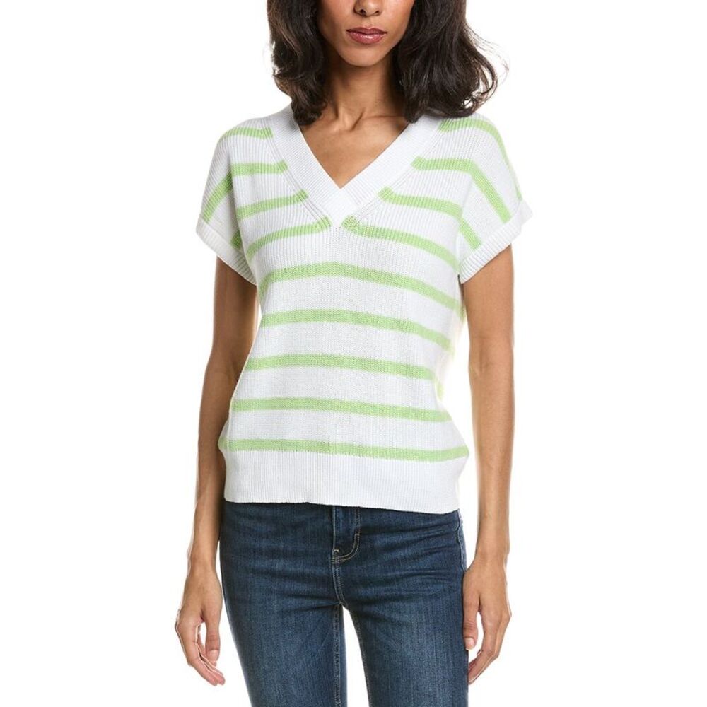 Forte Womens  Stripe Cap Sleeve V-Neck Sweater, White